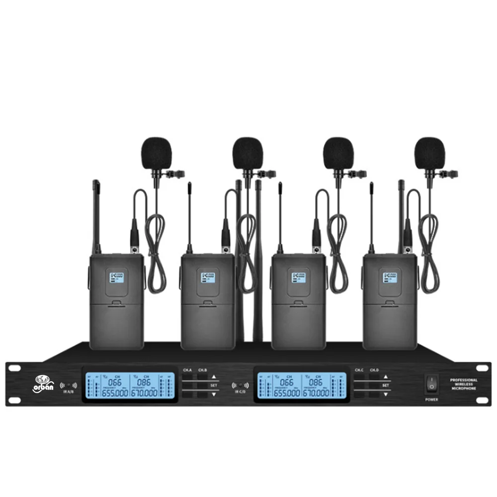 

Professional UHF Wireless Microphone 4 Channel Lavalier Condenser Microphone for Church School Outdoor Stage Microphone Wireless