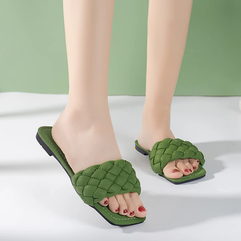 Summer Slippers For Women Weave Flat Beach Slippers Women Flip Flops 2023 New Trend Green Beige Soft Non-Slip Outdoor Shoes