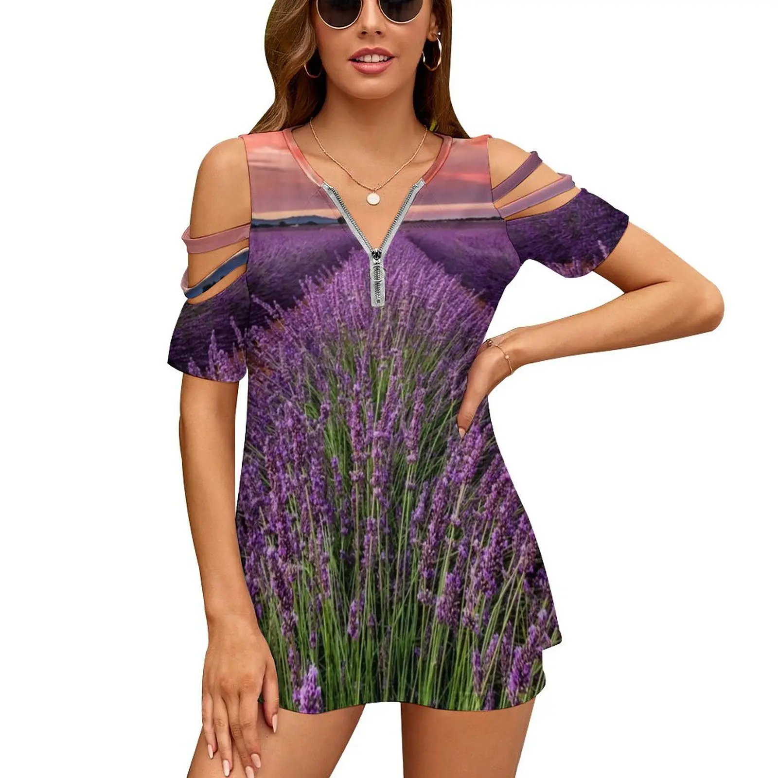 

Field of Lavender T-Shirts Sunset Print Street Style V Neck T-Shirt Kawaii Short Sleeve Oversized Tees Beach Print Women Tops