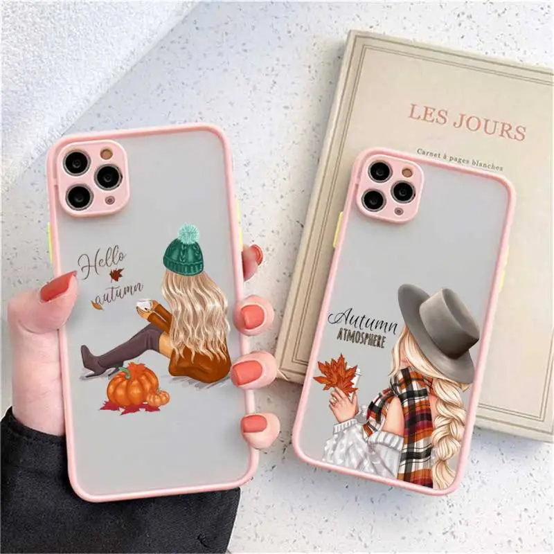 

Happy autumn girl pumpkin fall maple leaf Phone Case matte transparent For iphone 11 12 13 7 8 plus mini x xs xr pro max cover