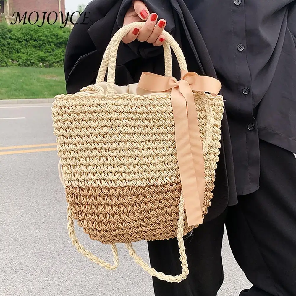 

Соломенная женская сумка с короткими ручками, тканый Повседневный Дамский тоут на плечо с ленточным бантом для отдыха на море и пляже