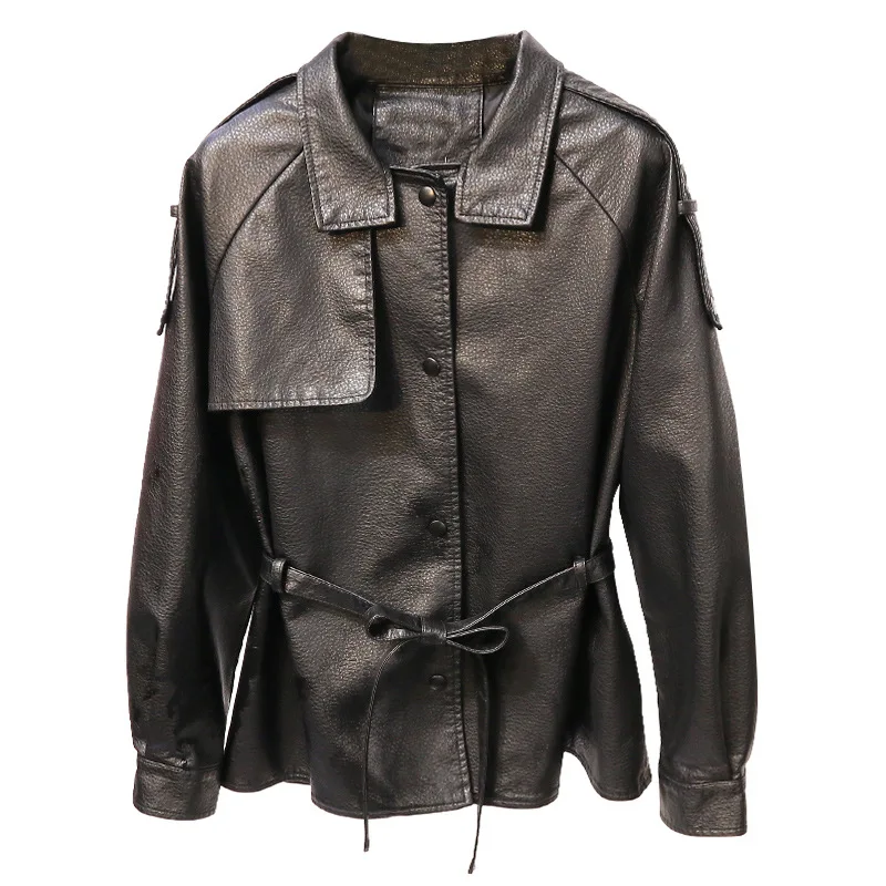 Windbreaker style slimming leather coat 2023 autumn clothes new lace-up temperament leather jacket