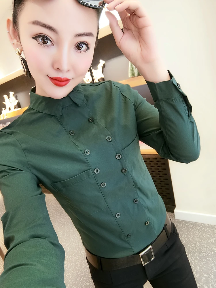 

Double Breasted Shirts Women Double Button Up Shirts Lady Work Wear Stretchy Cotton Tops Femme Full Sleeve White Shirt