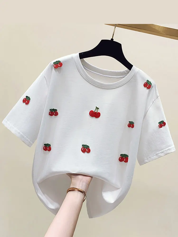 

Cotton T Shirt Women 2022 Summer Loose 3D Floral White Tshirt Korean Fashion New Short Sleeve T-shirts Female Tshirts Tops Woman