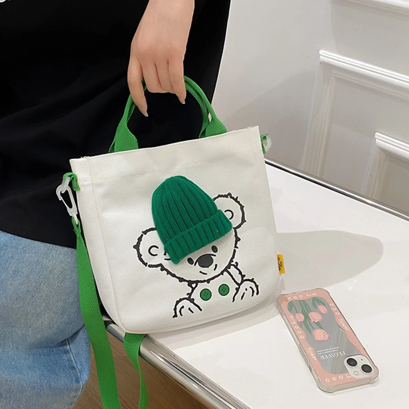 

Small Canvas Bag Women Cute Shoulder Bag Cartoon Bear Hat Handbag Student Messenger Bag Casual Handbag Crossbody Bag Bolso Mujer