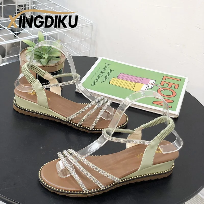 

Летние женские сандалии стразы, модные легкие удобные нескользящие пляжные сандалии с эластичным ремешком и открытым носком