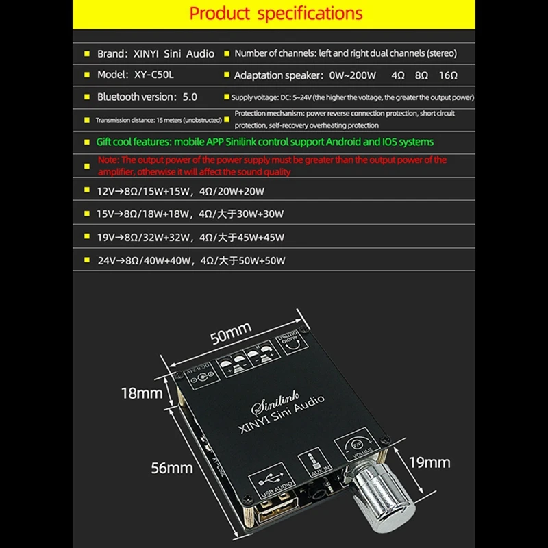 

XY-C50L Bluetooth 5.0 AUX Digital Power Amplifier Board 2X 50W Speaker Stereo Audio AMP Module Home Music