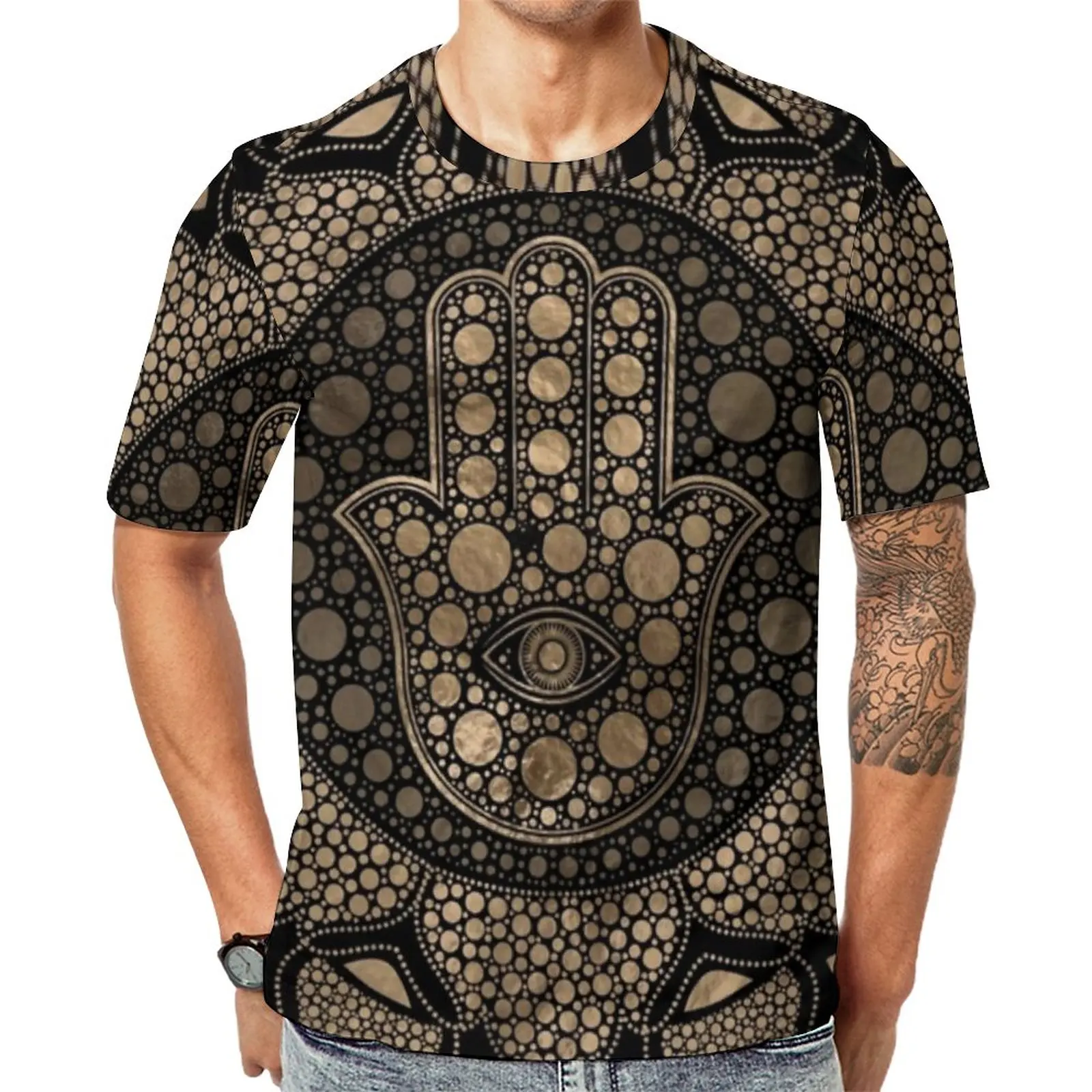 

Hamsa Hand Print T Shirt Men Lotus Mandala Classic T-Shirts Summer Cool Tees Short-Sleeved Pattern Big Size Tops