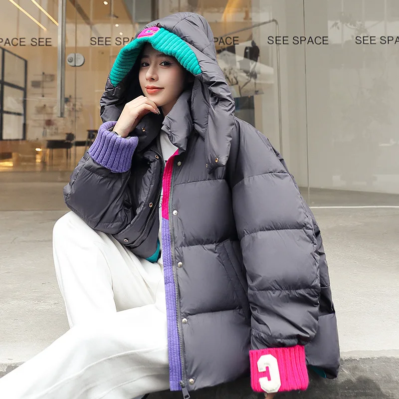 Letter Knitted Splicing Bread Coat Women's Parkas Winter 2022 New Thick Warm Cotton Padded Coat Ins Korean Loose Thickened Coats