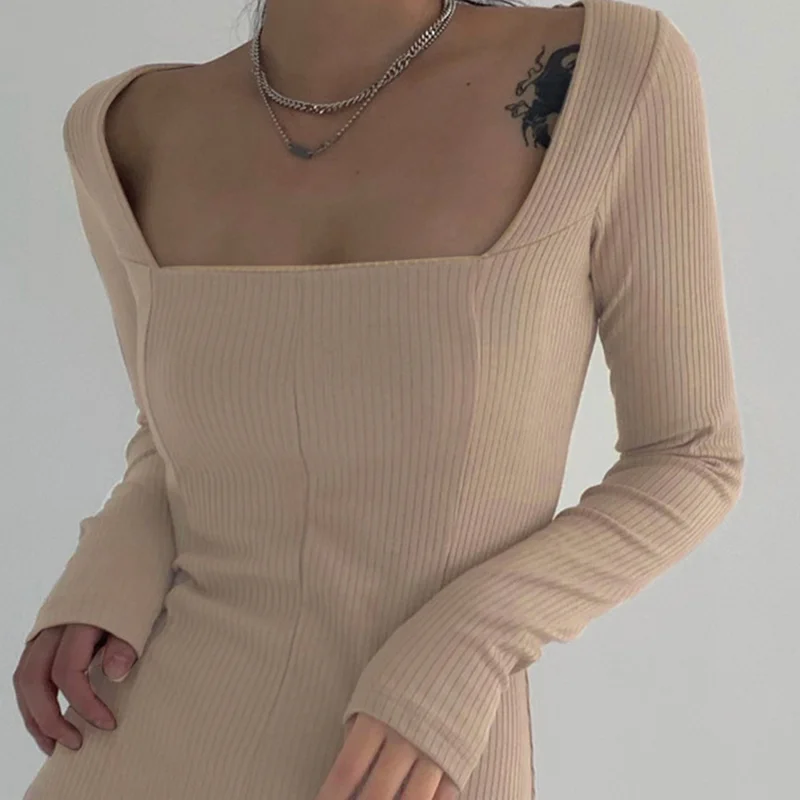 

Autumn And Winter Elegant Square Neck Ribbed Women's Side Knitted Slit Tight-fitting Dress Long-sleeved Fashion Mini Basic Dress