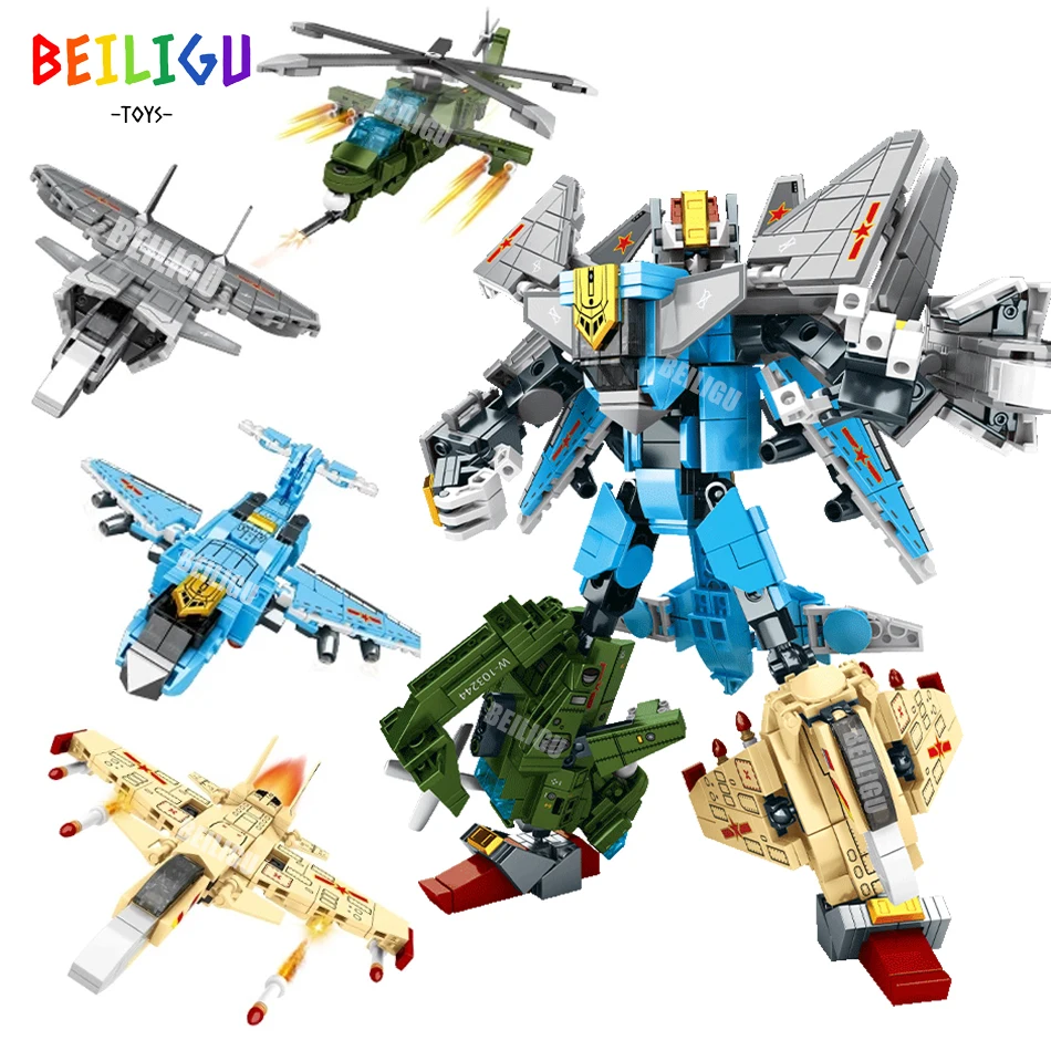 

4IN1 839pcs Deformed Fighter Robot Military Building Blocks Transformation Transport Plane Helicopter Figures Bricks Toy for Kid