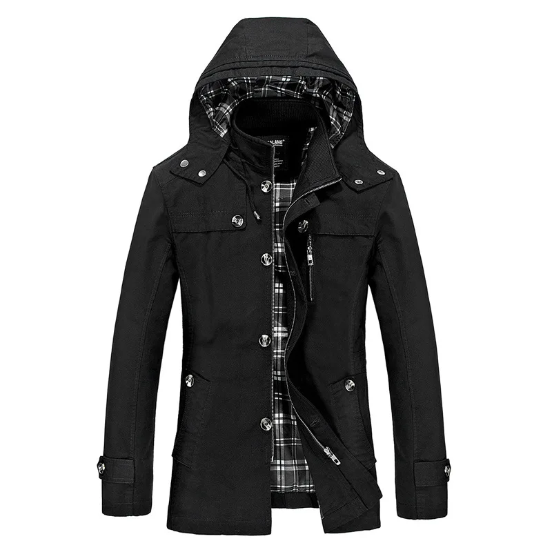 

Trench Coat Men Casual Windbreaker Long Jackets Slant Pocket Buttons Zip Hooded Outdoor Overcoat Autumn