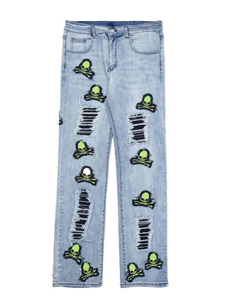 Four Seasons Men's Retro High Street Trend Embroidered Men Blue Jeans Straight Slim Fit Unisex Trousers Streetwear Ins Hot Sale