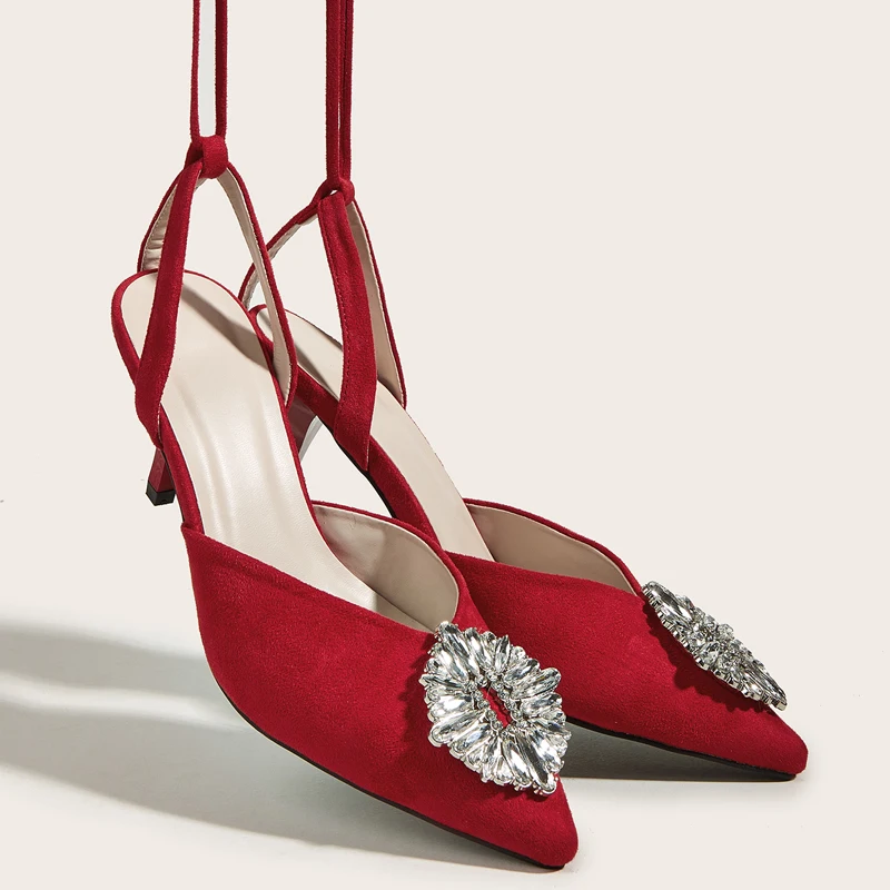 

Shoes Women Slingback Pumps High Heels Slides Ankle Strap Sandals Cow Suede Lace Up Pointed Toe Heel Shoes Zapatos Mujer Red
