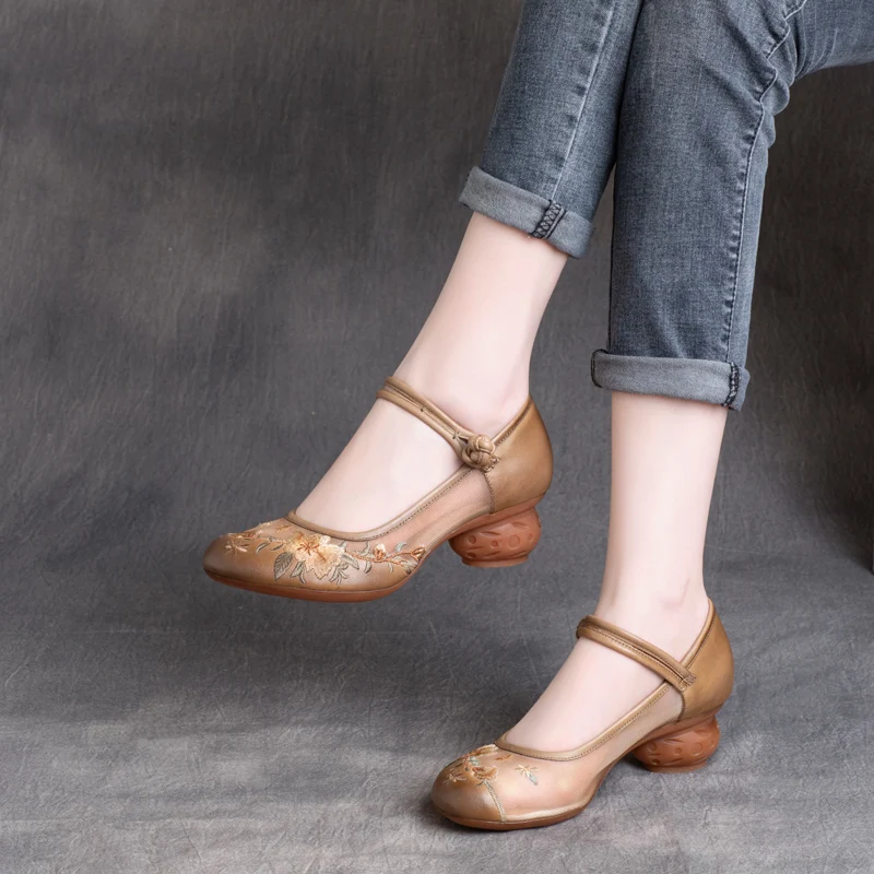 

Mary Jane Shoes Women Genuine Leather Pumps Women Handmade Retro Ankle Strap Girls Low Heels Brand Leather Emboridery Shoe Women