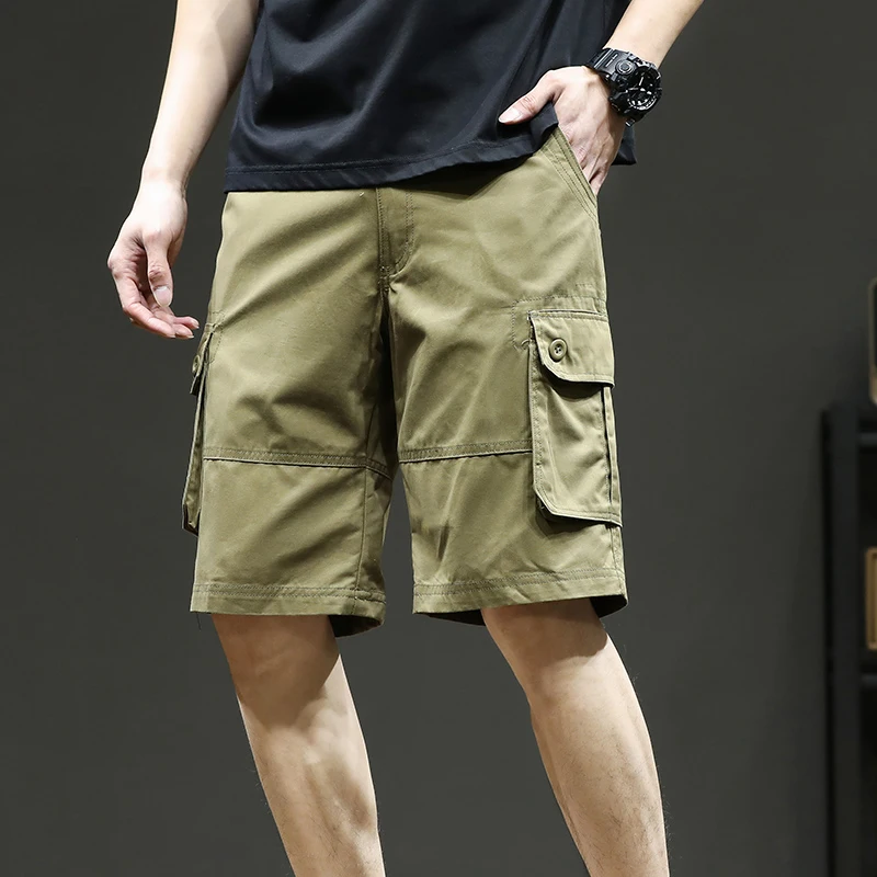 Men's Cargo Shorts Summer Knee Pants High Quality Cotton Overalls Button Pocket Jogging Army Green Khaki Black Tactical  Joggers