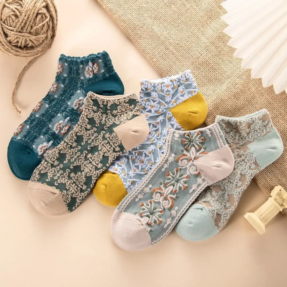 5 Pairs New Women Vintage Ankle Cute Socks Set Female Lady Harajuku Kawaii Girl Cotton Floral Invisible Socks Set For Women
