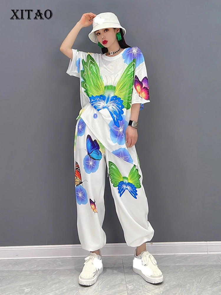 

XITAO Printed Casual Pant Set Women Korea Summer New Arrival Personality Fashion Loose O-neck Short Sleeve Pant Set WLD7467