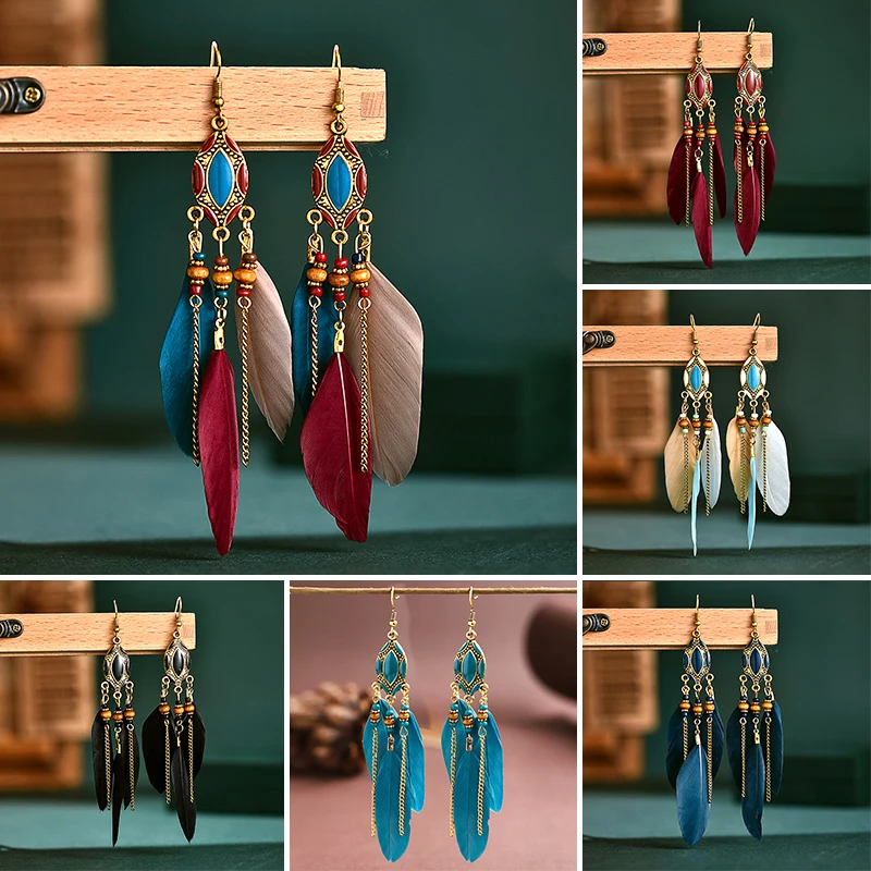 

Vintage Bohemian Tassel Feather Earrings For Women Ethnic Boho Long Oil Dripping Charm Drop Earrings Jewelry Gifts 2022 New