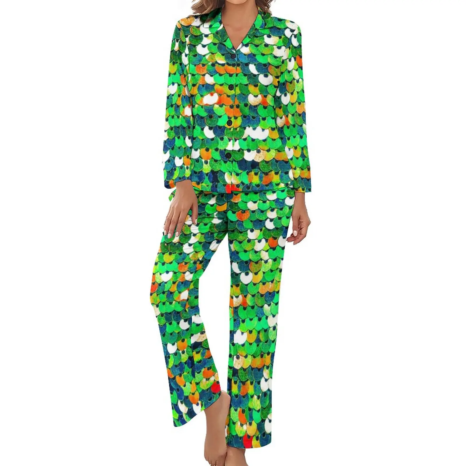 

Green Metallic Print Pajamas Funky Sequins Casual V Neck Sleepwear Female 2 Pieces Print Long Sleeve Lovely Pajama Sets