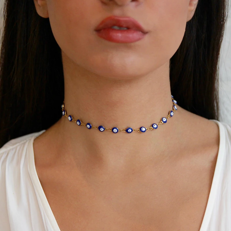 

Evil Blue Turkish Eye Pendants Choker Necklace Color Gold Beaded Choker Necklace Gift For Women Blue Eyes Chokers Good Luck
