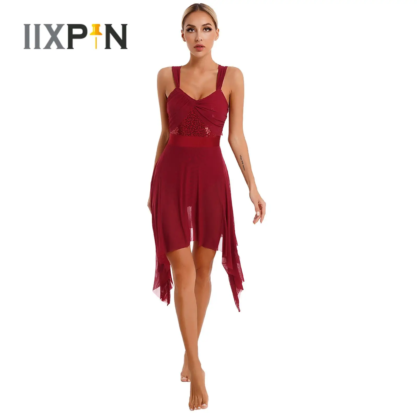 

Womens Lyrical Dance Dress Sparkling Sequined Sleeveless Sheer Mesh Ballerina Costume Figure Skating Dress for Stage Performance