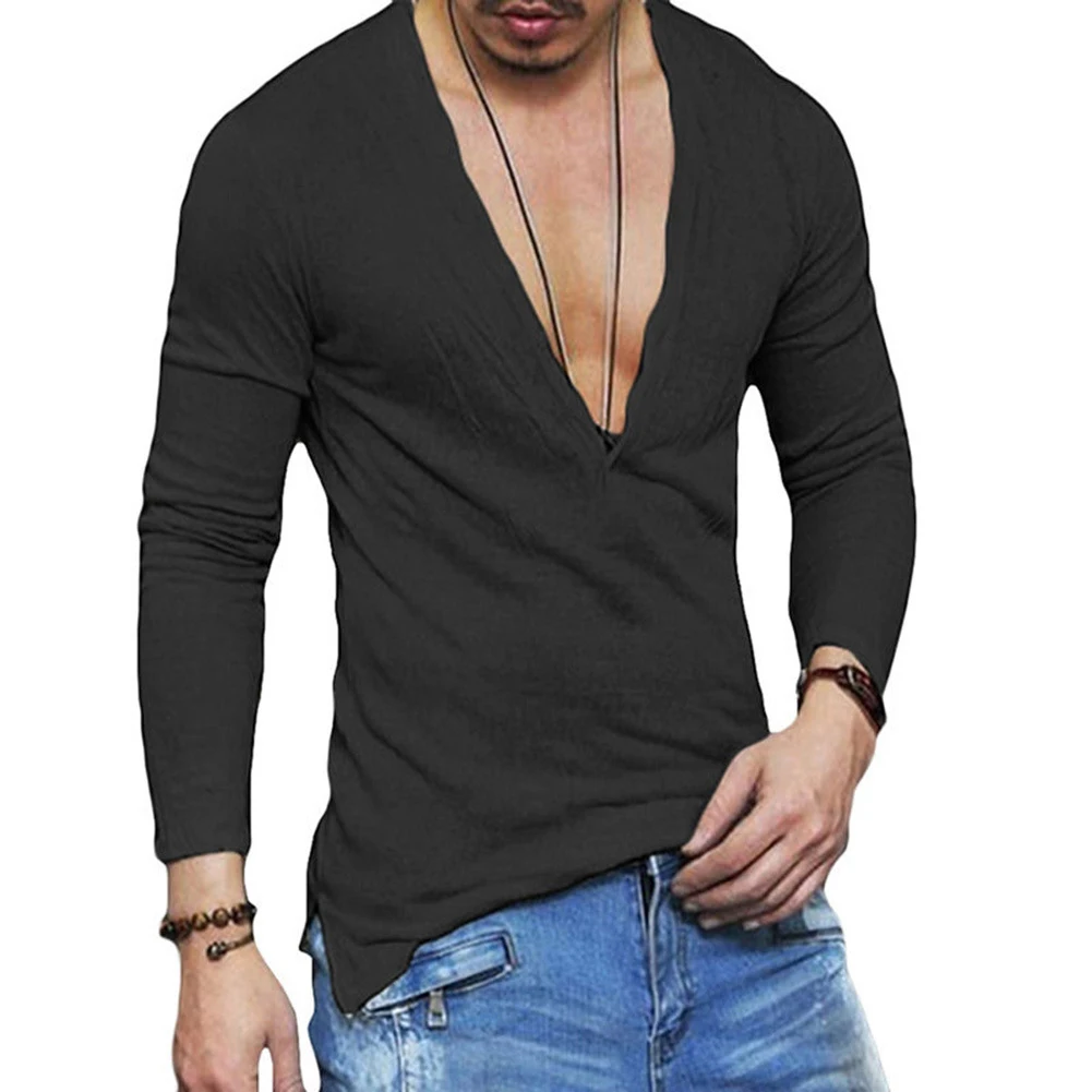 

Mens Plain Slim Long Sleeve T-shirt Deep V Neck Button Tops Muscle Tee Blouse
