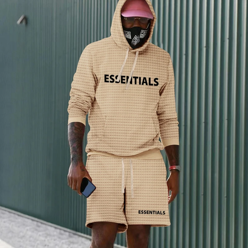 2023 Men's Summer Cotton Grid Stripe Solid Color Trendy Hip Hop Tops Suit Man High Street Oversized Drawstring Shorts