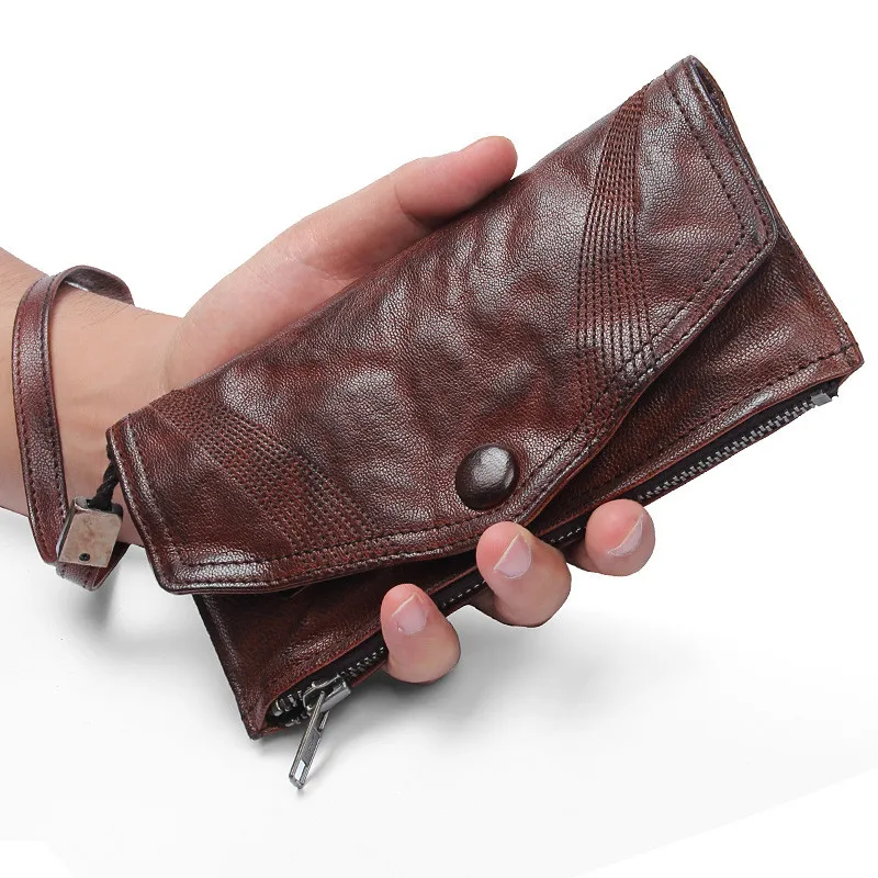 Fashion design handmade genuine leather ladies long clutch wallet vintage soft natural first layer cowhide men's phone purse