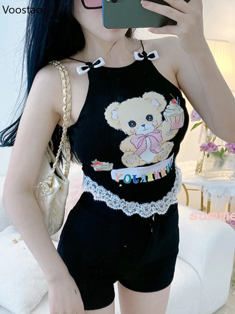 Gothic Y2k Lolita Style Camisole Summer Girls Cute Sleeveless Baby Bear Print Lace Camis Crop Tops Women Kawaii Bow Strap Vest