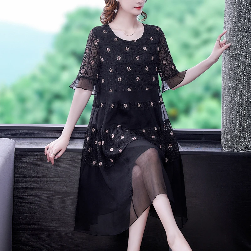 2022 Summer Fashion Half Sleeves Silk Black Print Dress Women's New Loose Tight Versatile Beach Style Casual Off the Knee Dress