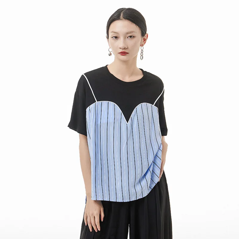 

Streetwear Fashion Stripe Spliced Short Sleeve O-neck Woman Tshirt 2022 Summer Loose Casual Hip Hop Tops Tees Shirts Female 0395
