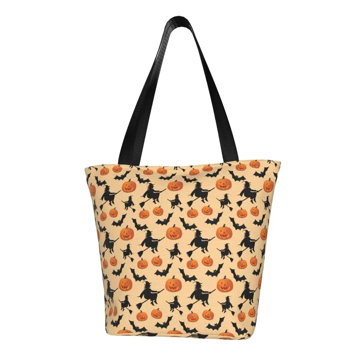 

Halloween Witch Bats Pattern Groceries Shopping Bags Canvas Shopper Shoulder Tote Bags Large Capacity Portable Goth Fan Handbag