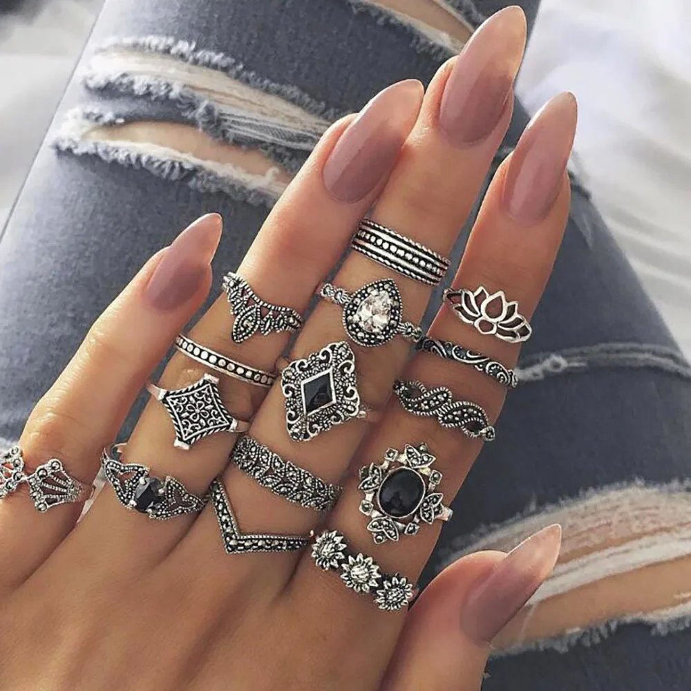 

New Multiple Sets Of Knuckle Rings Retro Ethnic Style Exaggerated Gemstone Alloy Fashion Personality Combination Set Open Ring