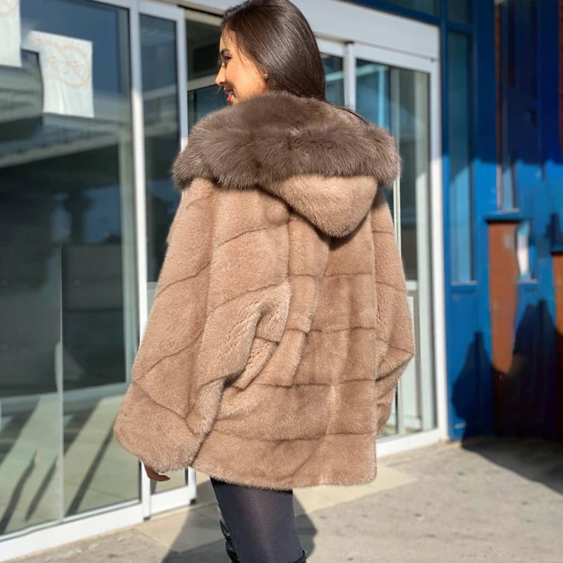 Fox Fur Hooded Patchwork Mink Jacket Women Winter New High Street Cozy Outertwear Lady Luxury Genuine Mink Fur Coat Femael