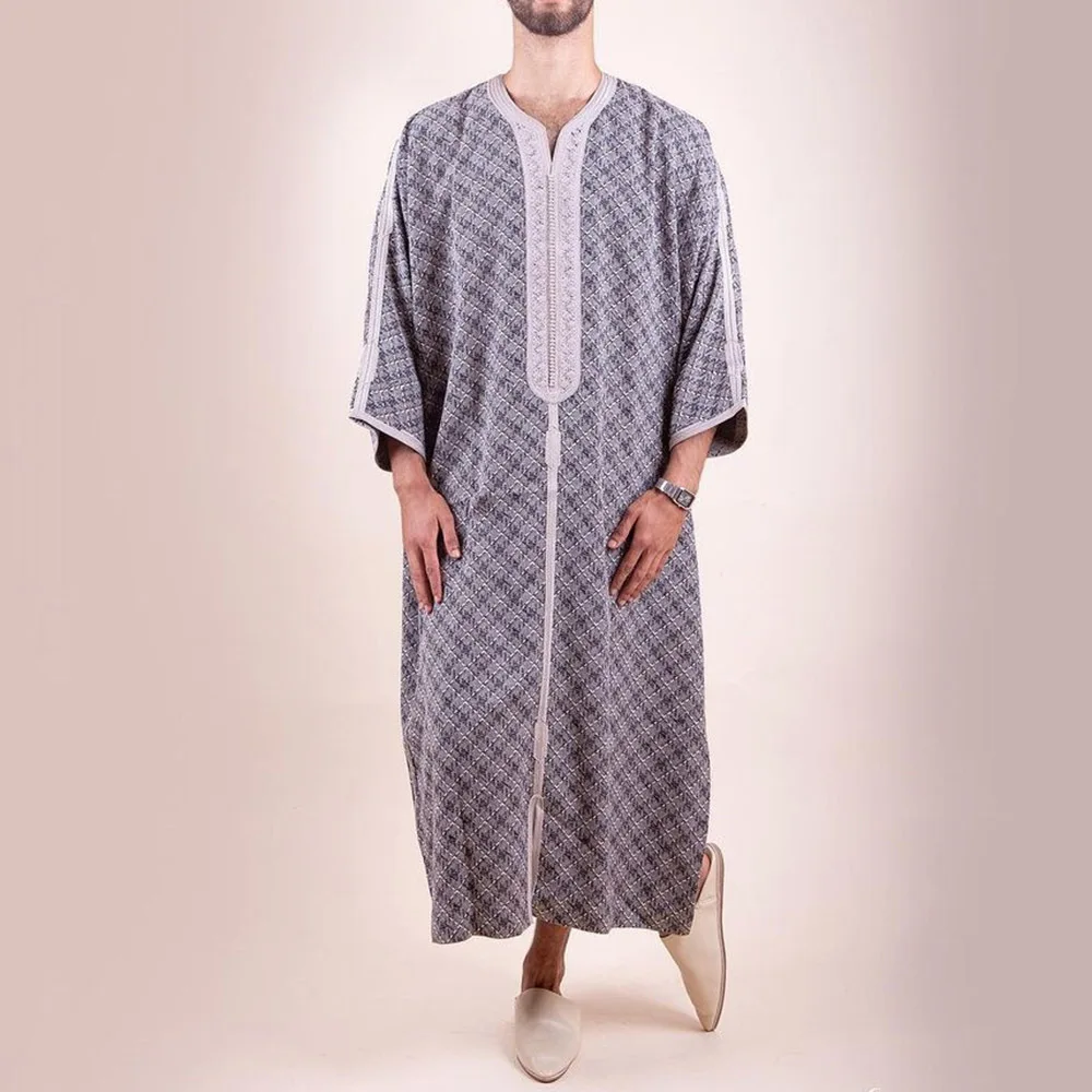 2022 Summer New Gray National Style Men's Long Shirt Muslim Robe Pullover Arabic Muslim Abaya Islamic Clothing
