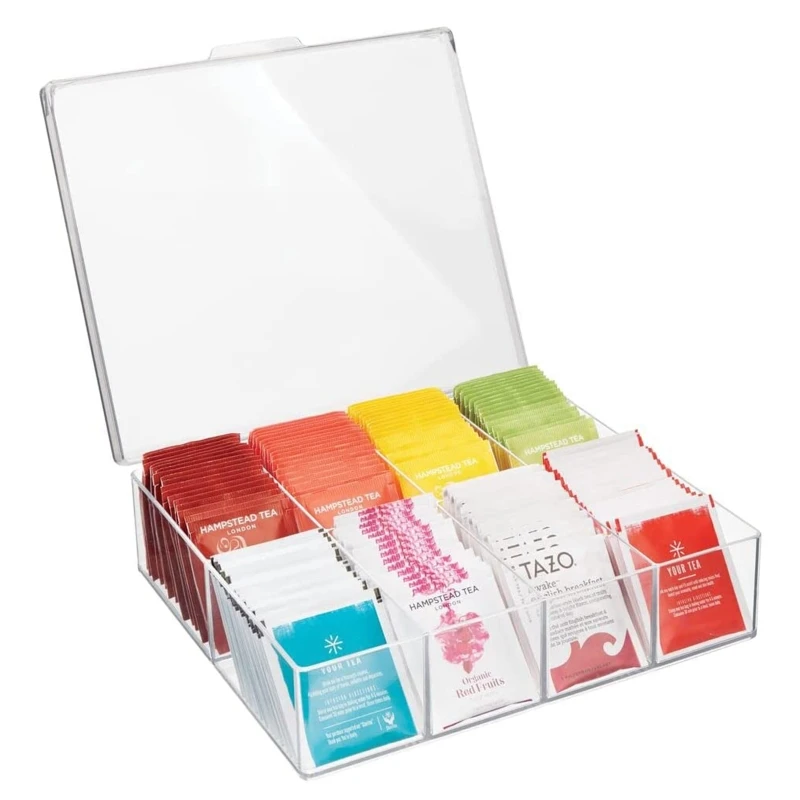 

Tea Bags Storage Box with Sealing Lid Clear Acrylic 8 Compartments Organizer for Home Kitchen Countertop Spice Makeup Container