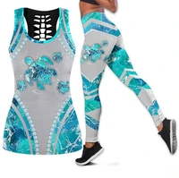 ocean diamond turtle hollow yoga outfit 3d printed hollow tank top workout yoga leggings fitness sports yoga pants set