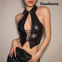 landuxiu corset top charming halterneck fashion t shirt solid color sleeveless sexy cutout strapless hot girl womens clothing