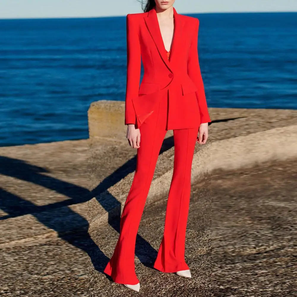 

Vero Sinly Women Winter Sexy Long Sleeve V Neck Red Long Pants Two Piece Set 2021 Celebrity Designer Fashion Women's Set