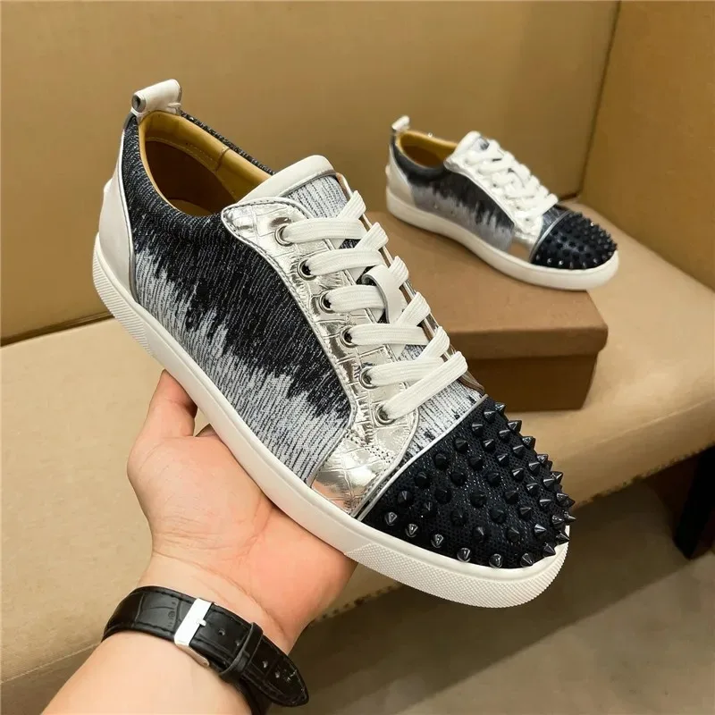 

2023 New Designer Men's Shoes, Rivets, Sequins, Metal Low-top, Red-soled Shoes, Trendy All-match Leather Casual