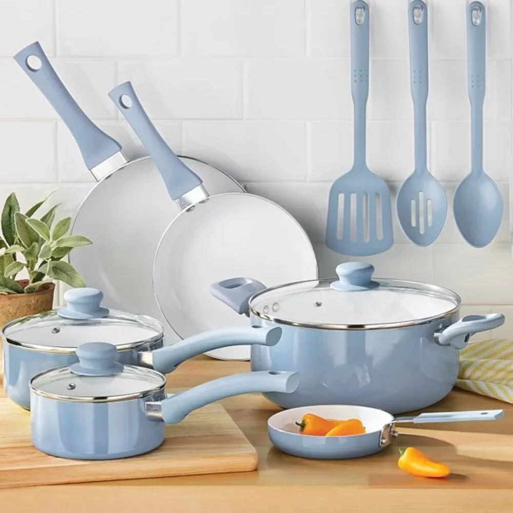 

12 Pc Ceramic Cookware Set Blue Linen Kitchen Cooking Pots Pans