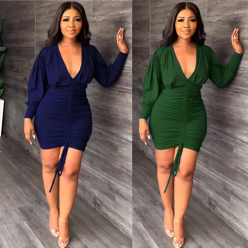 

WUHE Весна 2023 с длинным рукавом со шнурком и рюшами мини-платье женское сексуальное с глубоким V-образным вырезом облегающее Бандажное Клубно...