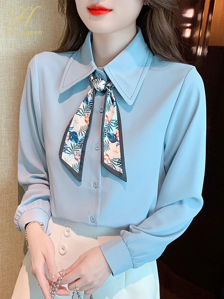 

Осенние Блузы H Han Queen, женские элегантные рубашки с французским галстуком, дизайнерские винтажные топы, простая шифоновая блузка, повседнев...