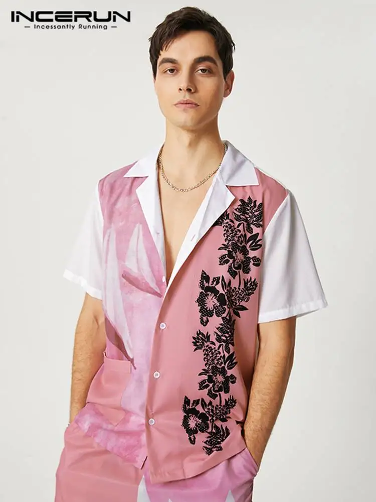 

INCERUN Men Hawaiian Sets Streetwear Print Patchwork Lapel Short Sleeve Shirt & Shorts Summer 2022 Vacation Men Casual Suits 5XL