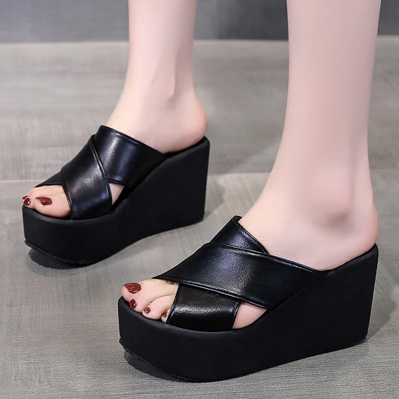 

Rimocy PU Cross Strap Women's Wedges Sandals Summer 2022 Super High Heels Slippers Women 9cm Chunky Platform Flip Flops Woman