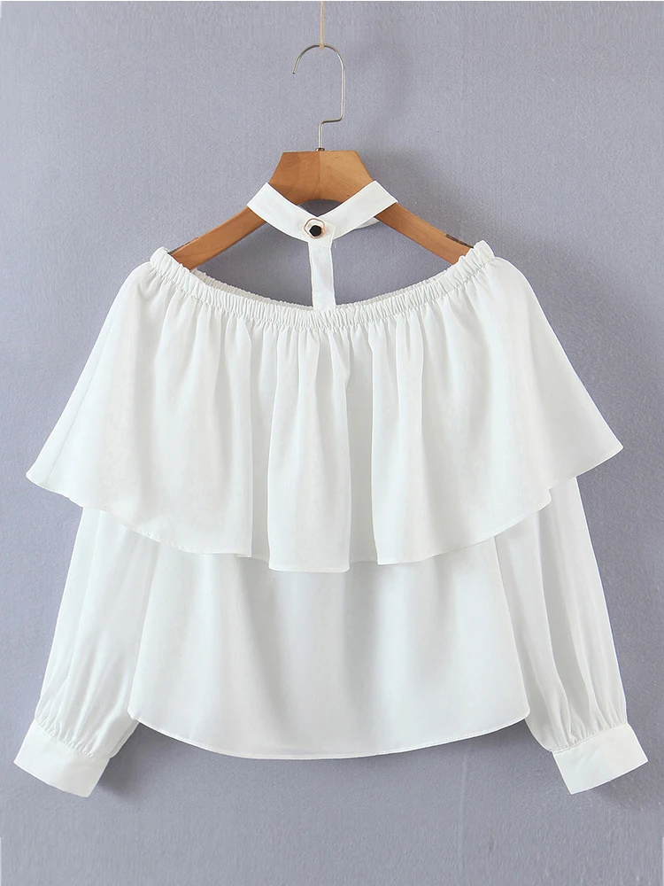 

Women Sexy Halter Off Shoulder Shirts 2022 Ruffles Long Sleeve White Tops Blouses blusa feminina