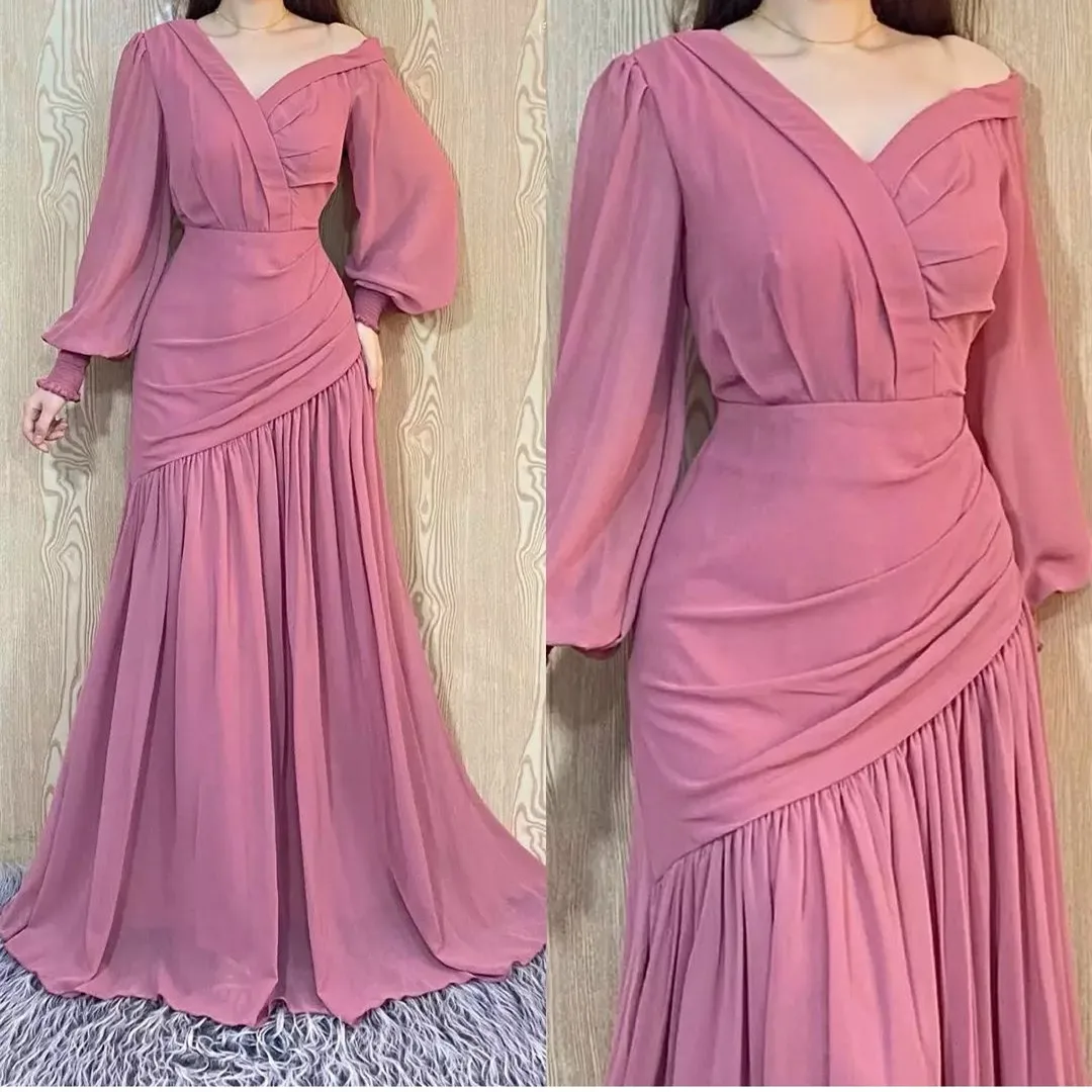

V Neck Long Sleeve Chiffon Pleated Pink Evening Dresses A-Line Zipper Back Robes De Mariée Party Gowns For Women