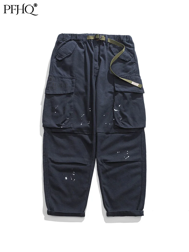 

PFHQ Good Quality Tapered Workwear Spray-painted Cargo Pants Men Tie Design Elastic Waist Loose Outwear Causal Trousers 21B4728