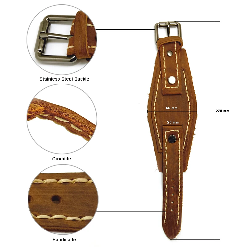 Ремешок для часов из натуральной кожи мужской винтажный широкий браслет